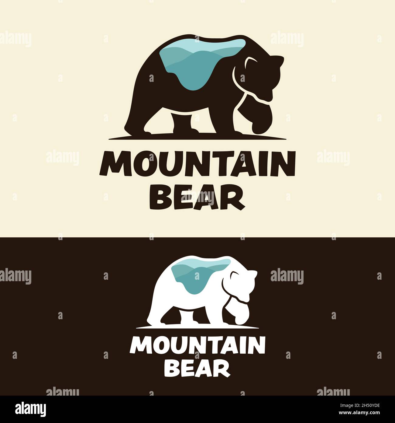 Modèle avec logo « Bear Silhouette with Mountain on ». Idéal pour la chasse camping extérieur aventure sports zoo entreprise communautaire Illustration de Vecteur
