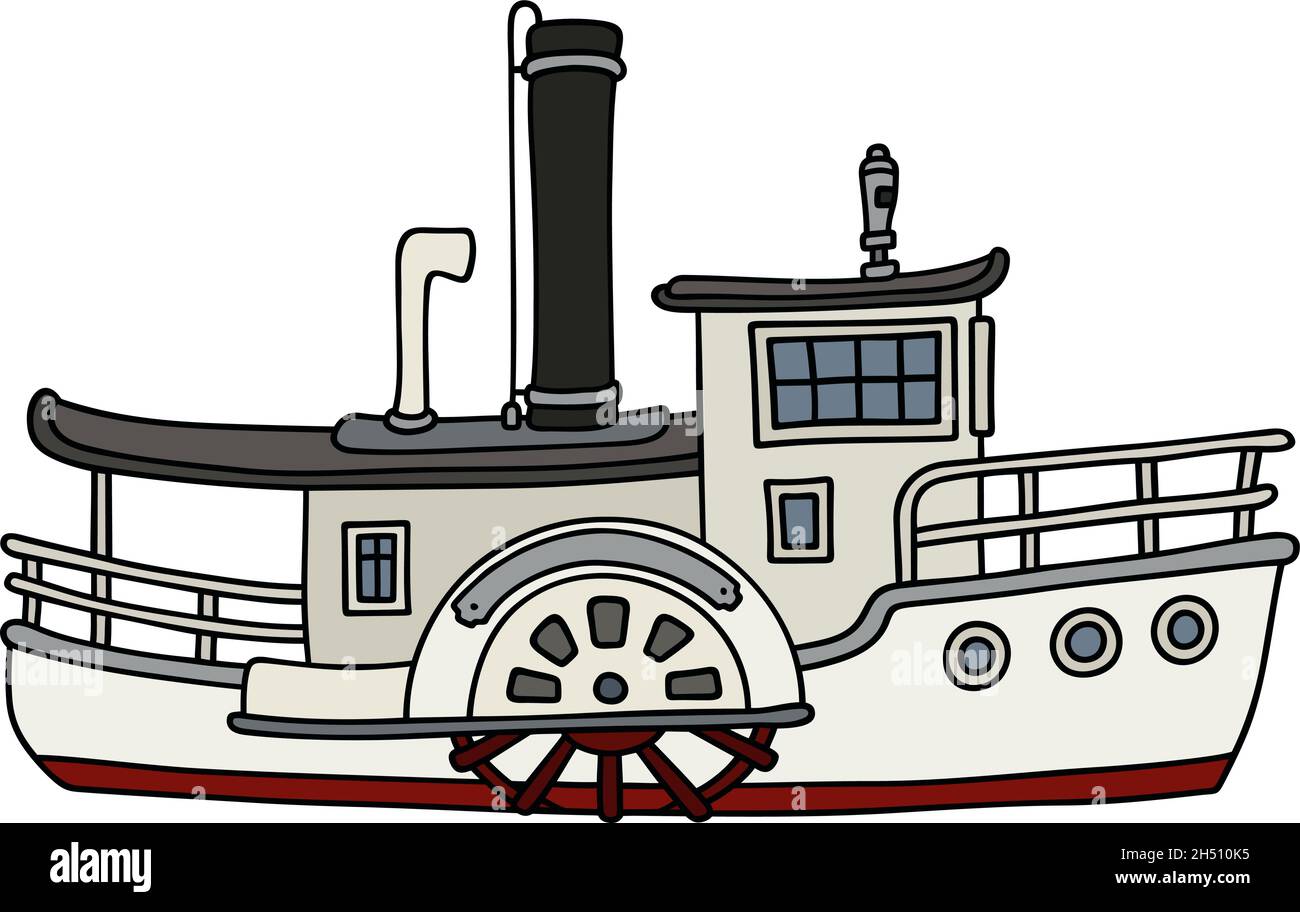 Dessin à la main d'un vieux bateau à vapeur à aubes blanc drôle Illustration de Vecteur