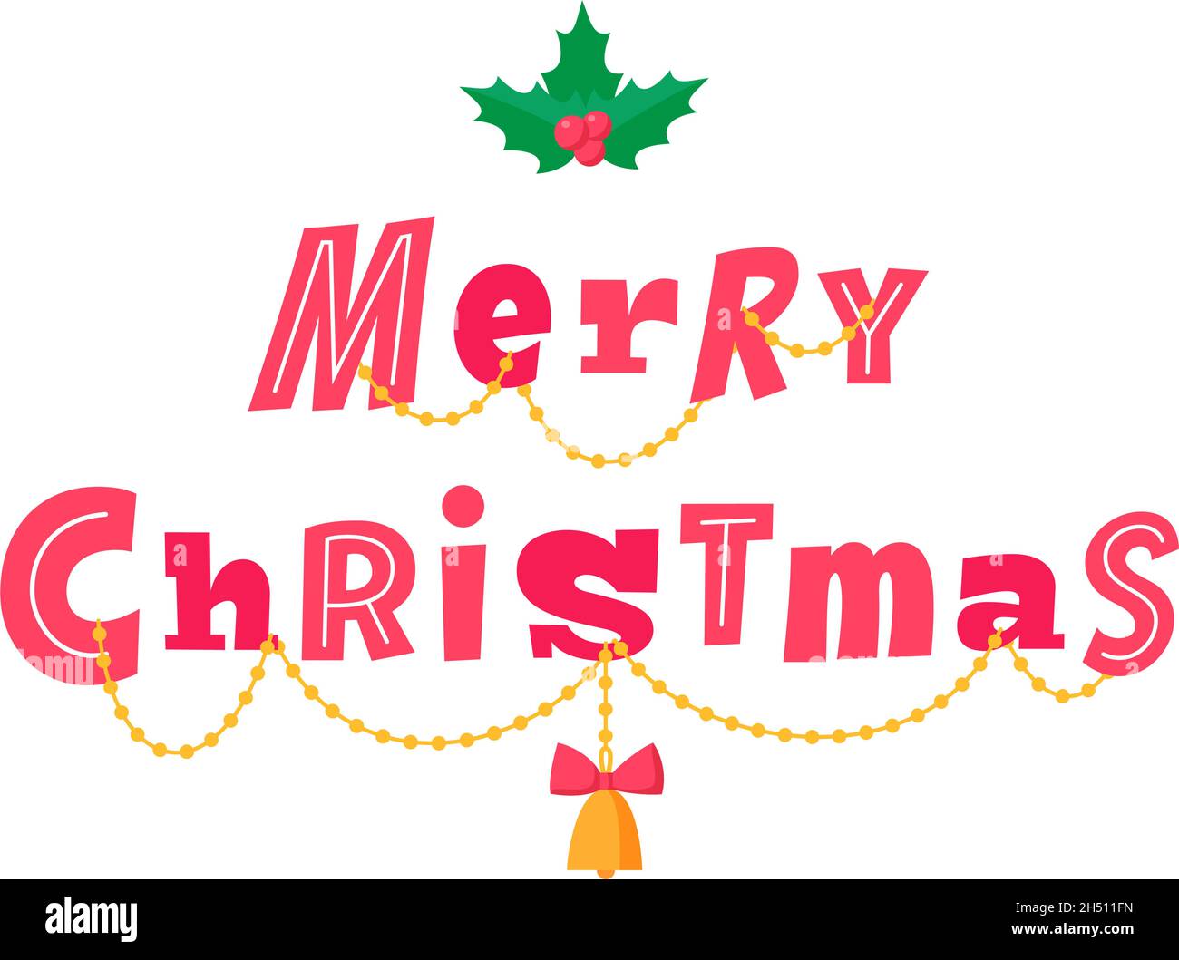 Lettrage joyeux Noël avec perles de décoration, cloche et houx.Texte d'accueil pour les vacances d'hiver.Signe vectoriel Illustration de Vecteur