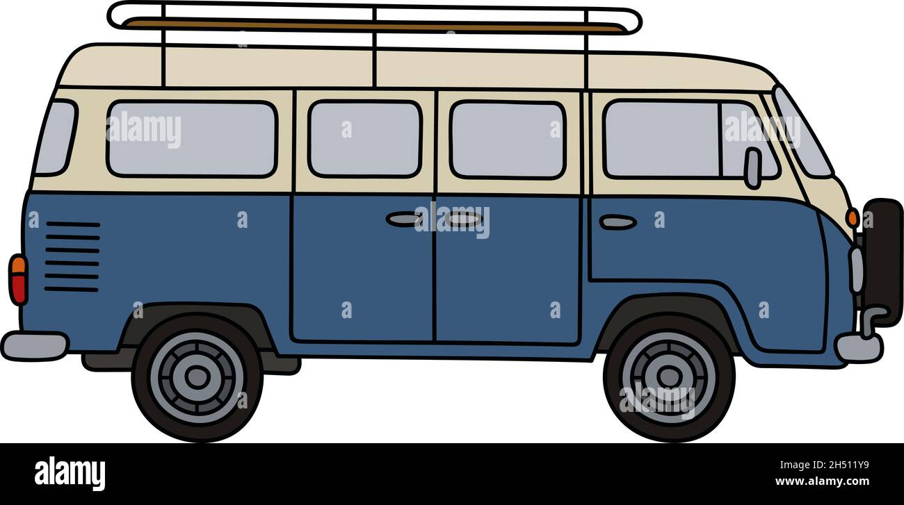 Dessin à la main d'un minibus bleu et blanc classique Illustration de Vecteur