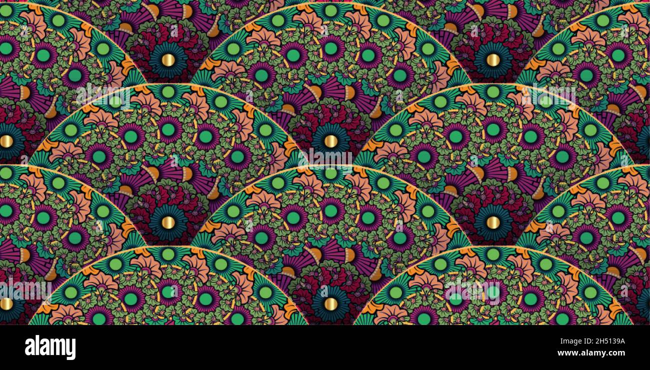 Motif fleuri moderne et coloré sans couture.Décoration Seigaiha de style japonais.Mode fleuri dessiné à la main.Queue de paon.Illustration du vecteur de bannière Illustration de Vecteur