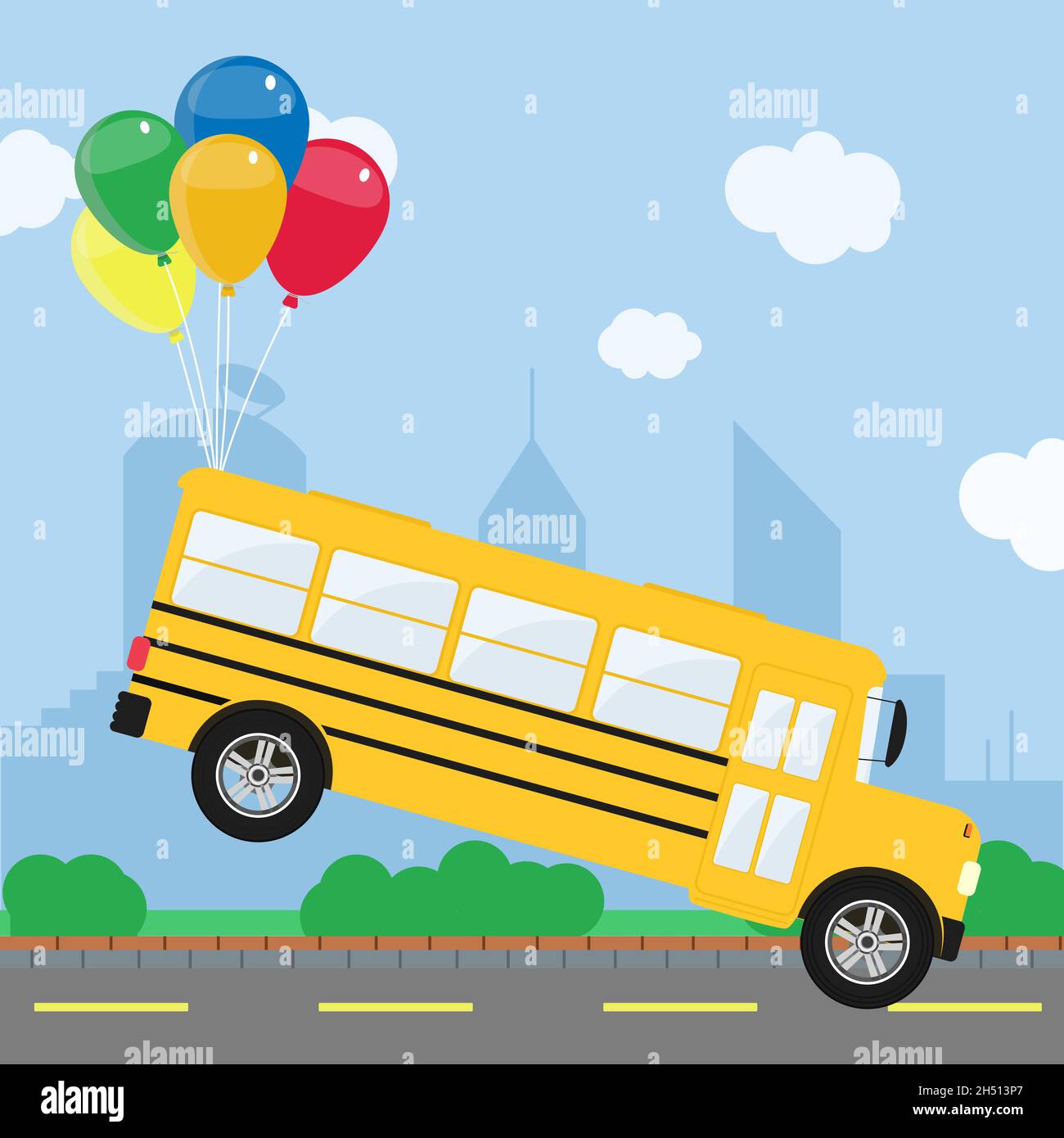 Un tas de ballons colorés qui prennent un bus scolaire en dehors de la route.Horizon d'une ville en arrière-plan.Conceptuel.Illustration vectorielle représentant un rêve Illustration de Vecteur