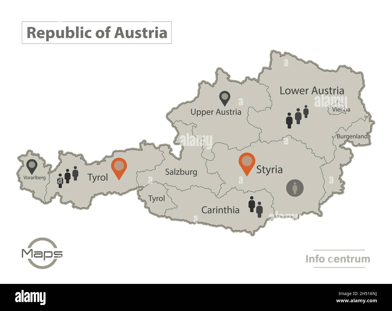 Carte de l'Autriche, régions individuelles avec noms, infographies et vecteur d'icônes Illustration de Vecteur