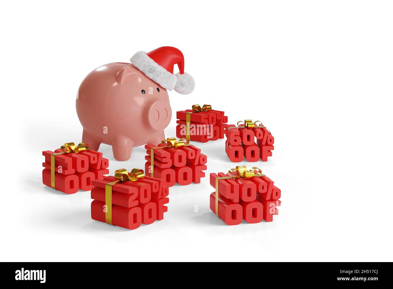 Banque de porc avec chapeau de Père Noël avec des pourcentages de réduction comme des boîtes-cadeaux isolées sur fond blanc.Concept de Noël.illustration 3d. Banque D'Images