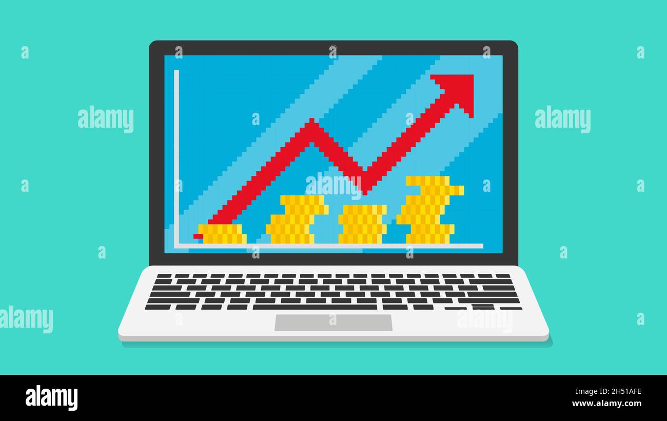 Pixel art, illustration vectorielle d'un graphique en pleine croissance avec des pièces sur l'écran d'un ordinateur portable.La flèche rouge représente l'augmentation de la valeur de votre argent. Illustration de Vecteur