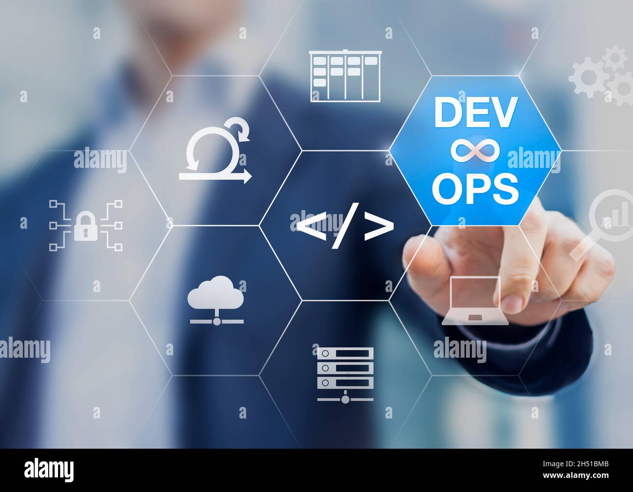 Ingénieur DevOps travaillant sur le développement de logiciels et les opérations INFORMATIQUES avec des icônes de méthodologie agile, sysadmin, sécurité réseau, déploiement automatisé pr Banque D'Images