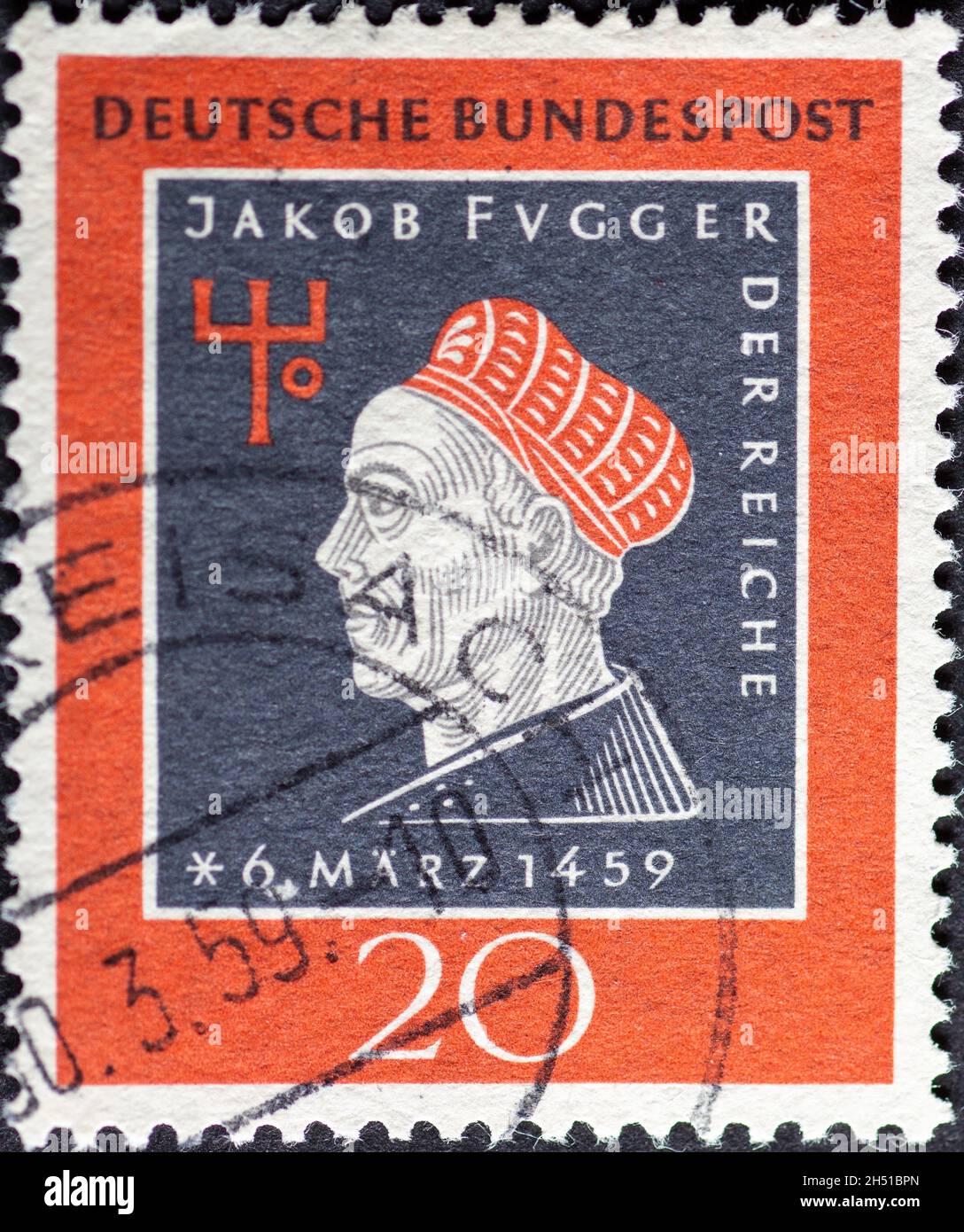 ALLEMAGNE - VERS 1959: Un timbre-poste imprimé en Allemagne montrant une image de Jacob Fugger les riches.Texte : anniversaire de 500 ans Banque D'Images
