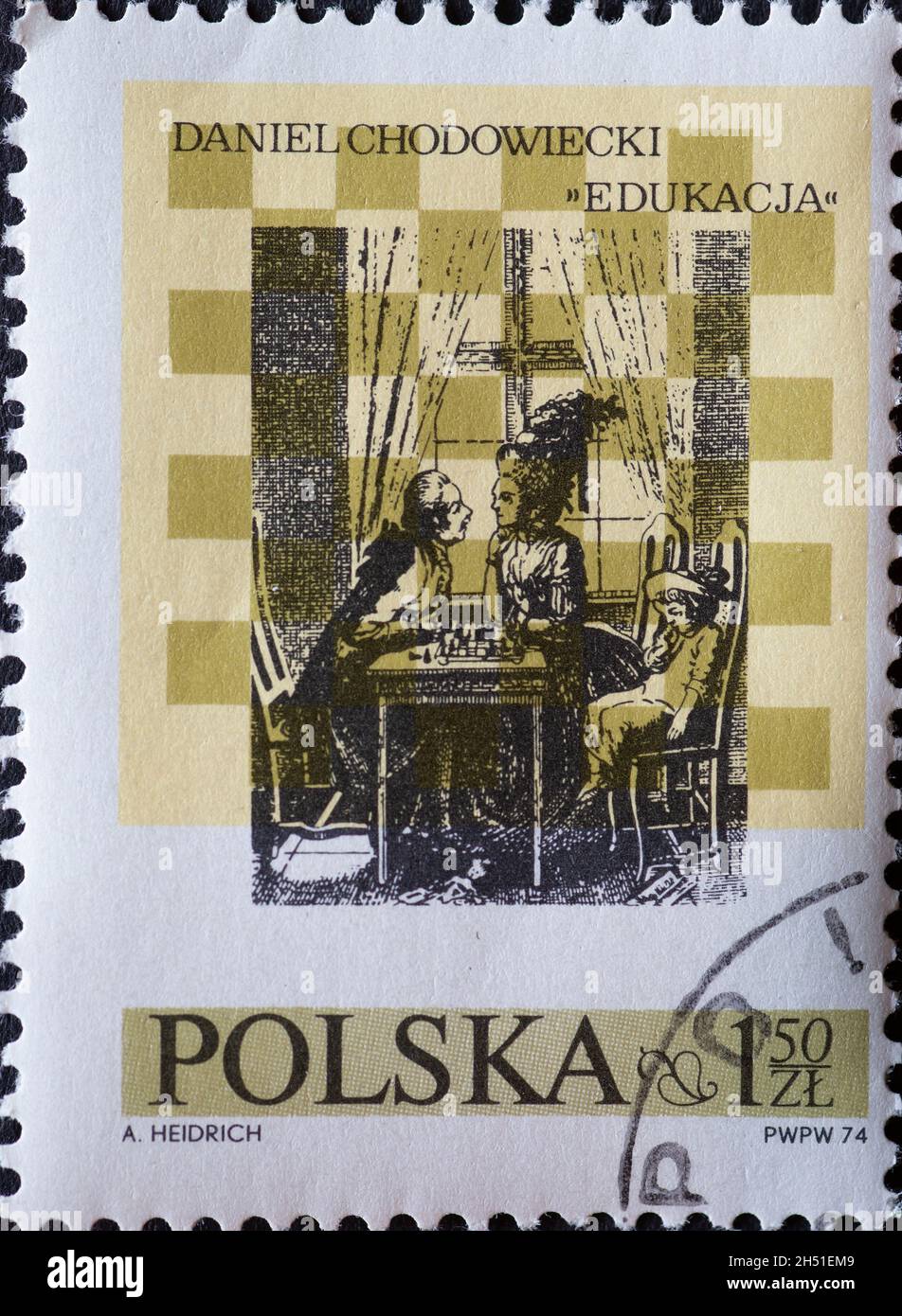 POLOGNE-CIRCA 1974 : Un timbre de poste imprimé en Pologne montrant une scène ancienne jouant des échecs au 10e Festival international des échecs à Lublin Banque D'Images