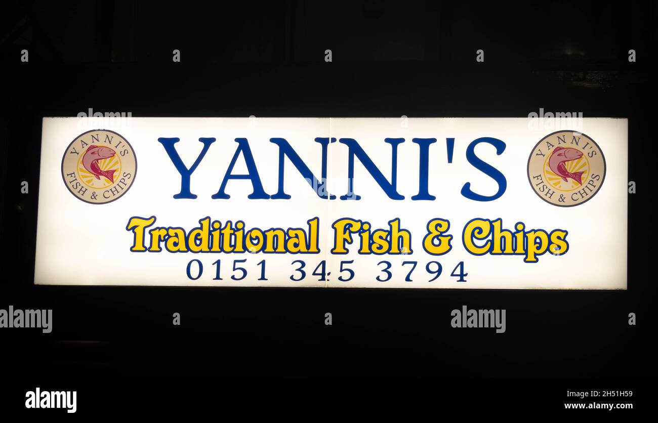 Panneau Yanni's Fish & Chips Banque D'Images