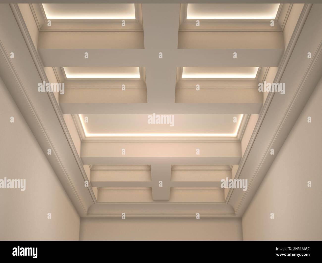 rendu 3d d'un plafond à coffed avec moulage classique et éclairage led linéaire dissimulé Banque D'Images