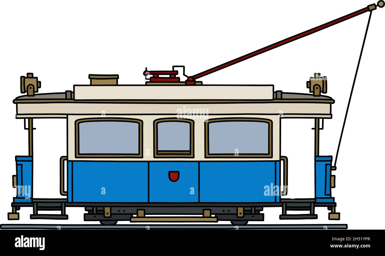 Le dessin à la main vectorisé d'un tramway bleu et blanc historique Illustration de Vecteur