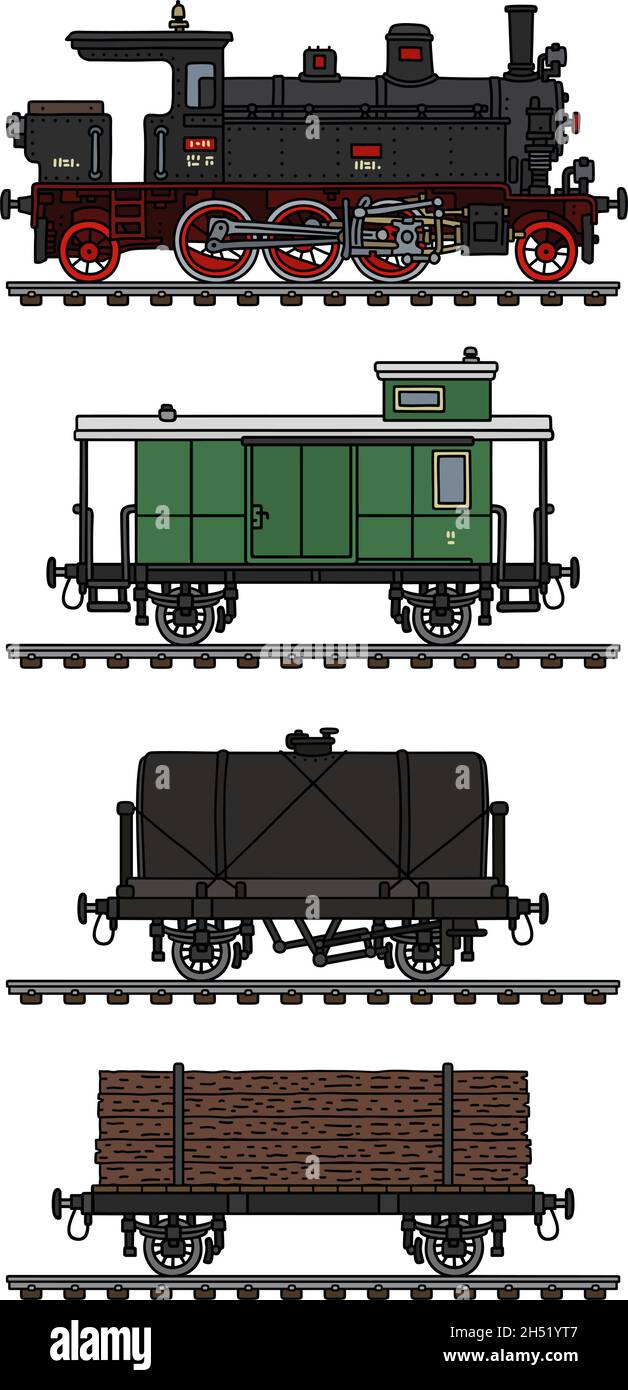 Le dessin à la main vectorisé d'un train à vapeur de fret classique Illustration de Vecteur