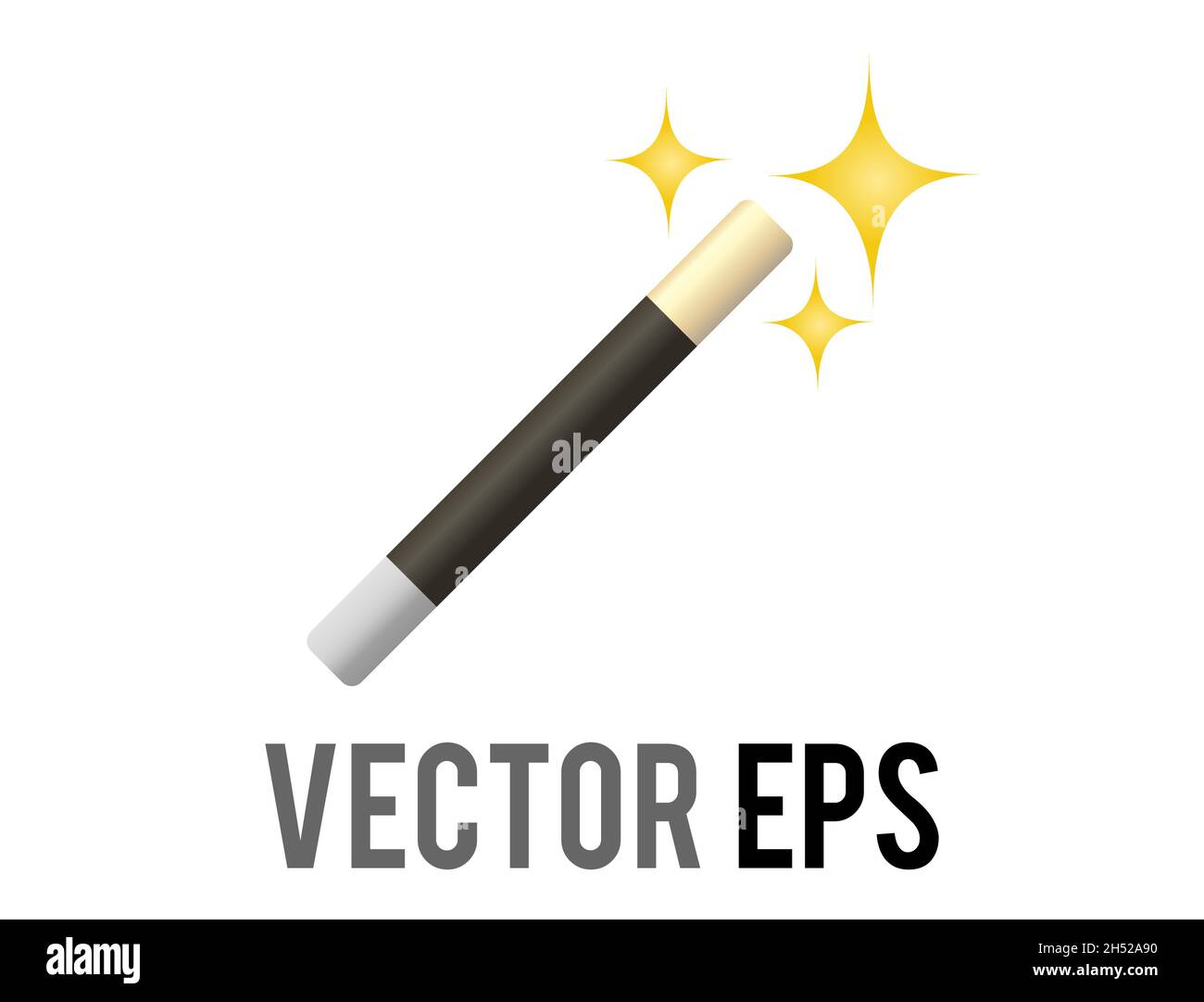 La baguette magique classique noire à vecteur isolé et l'icône de pointes blanches avec des étoiles dorées étincelantes Illustration de Vecteur