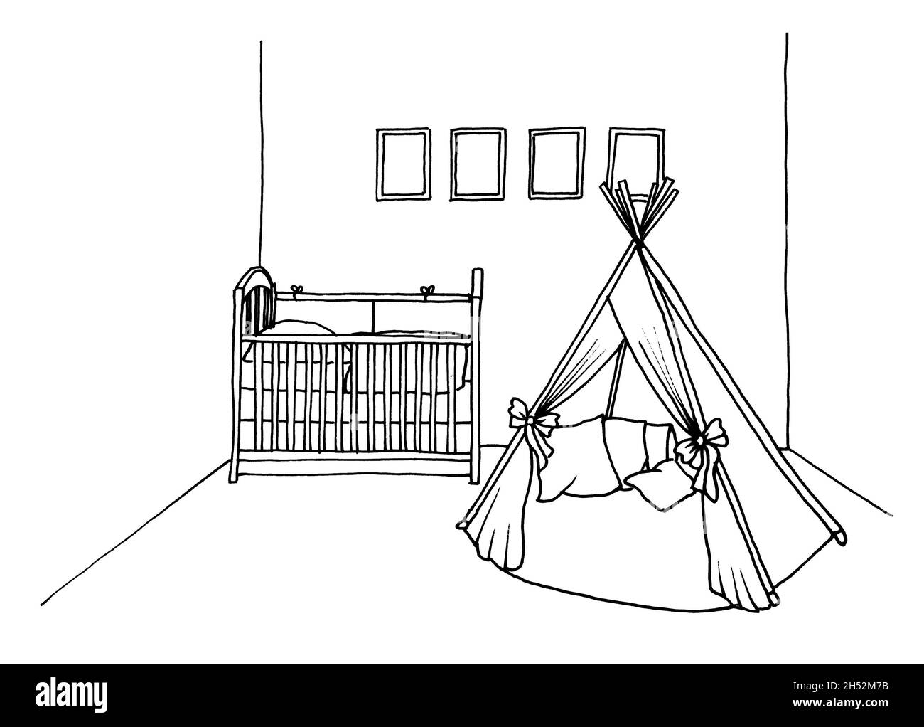 Croquis graphique d'une chambre intérieure pour enfants un lit et une école d'équitation, une tente Banque D'Images