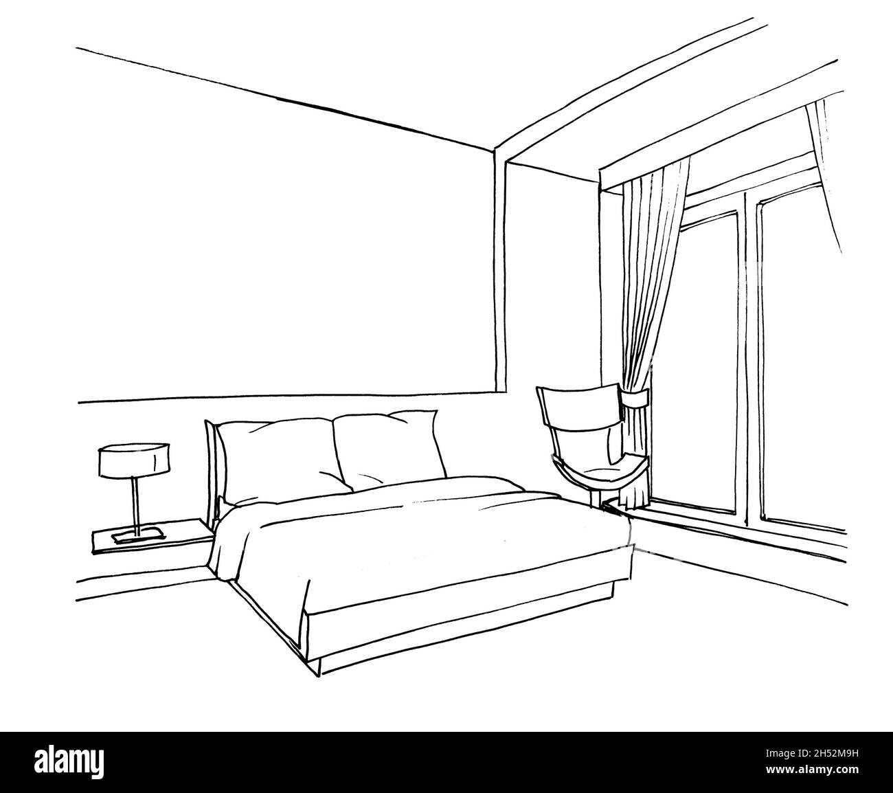 Croquis graphique de la chambre, lit, chaise, doublure Banque D'Images