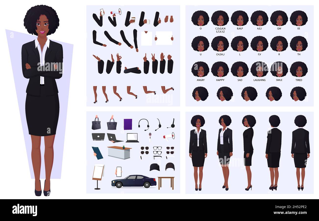 Jeu de caractères Black Business Woman Cartoon avec gestes, expressions et gestes de la main vecteur Premium Illustration de Vecteur