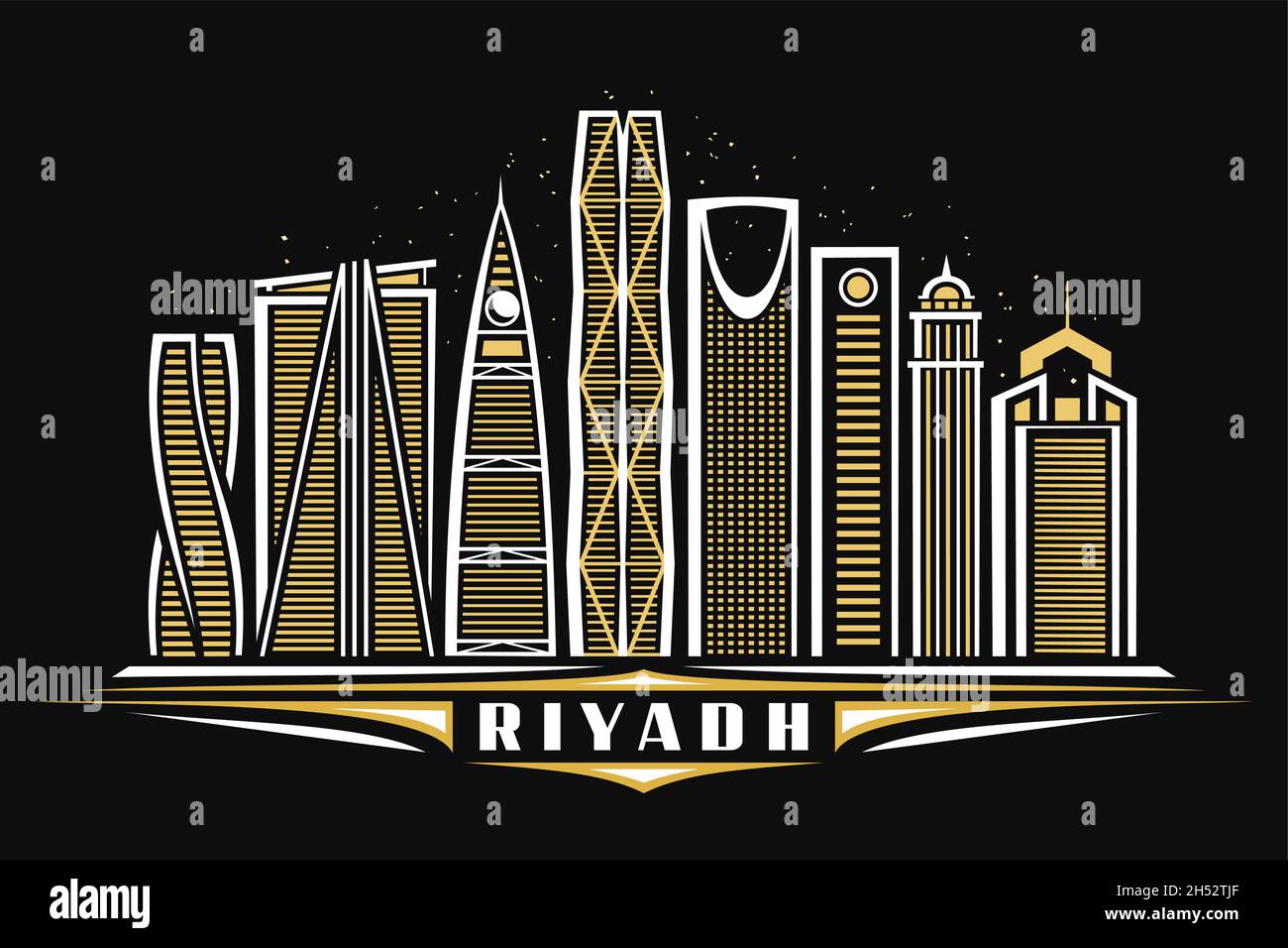 Illustration vectorielle de Riyadh, affiche horizontale sombre avec conception linéaire célèbre ville de riyadh paysage sur fond de ciel étoilé crépuscule, art urbain concep Illustration de Vecteur