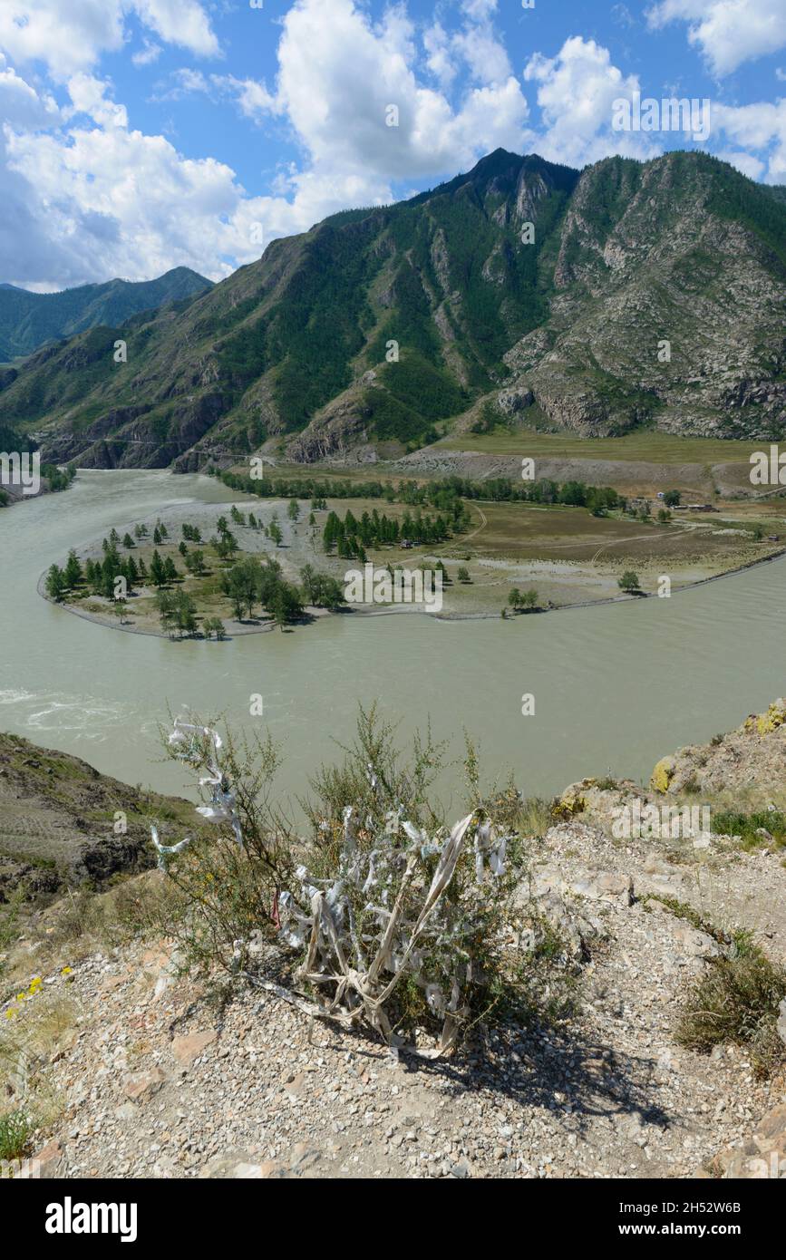 Le long du Trakt de Chuysky : virage serré de la rivière Katun au confluent avec la rivière Chuya, République Altaï, Russie. Banque D'Images