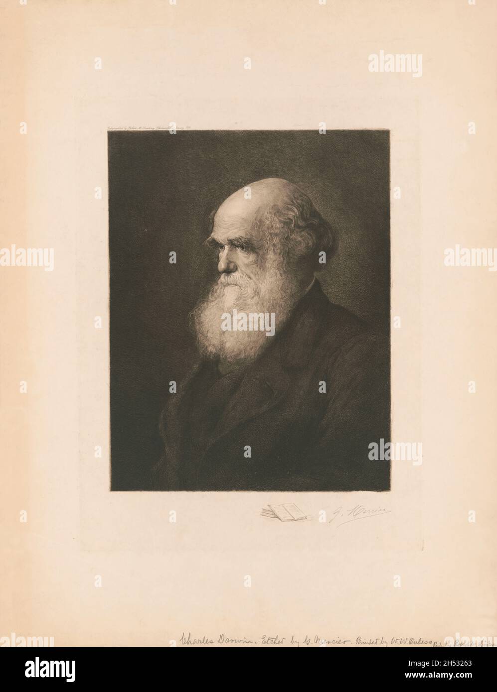 Gravure vintage vers 1890 de Charles Darwin le célèbre naturaliste et auteur de on the Origin of Species et promoteur de la théorie de l'évolution.Gravé par l'artiste Gustave Mercier Banque D'Images