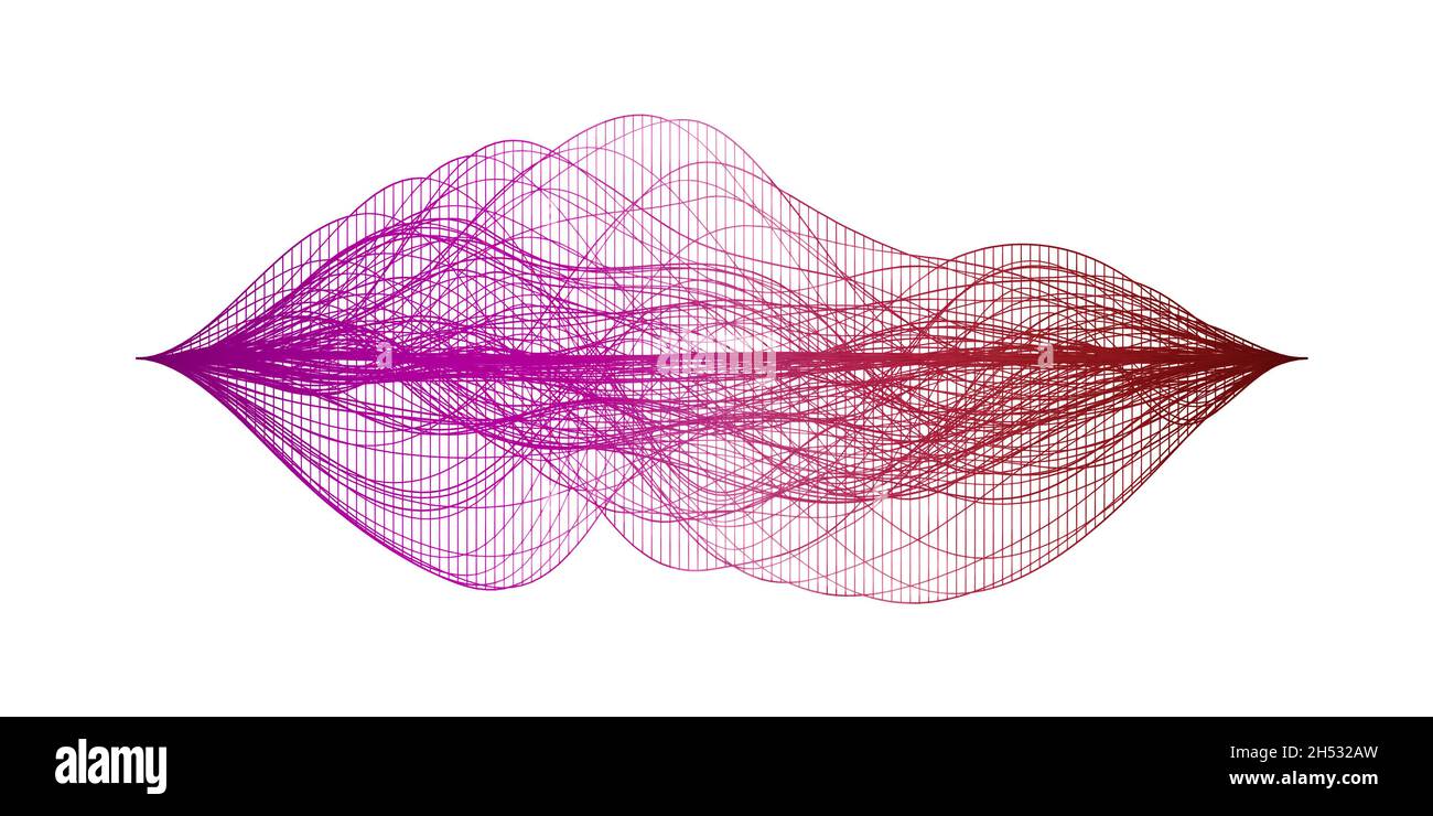 Structure des ondes filaires violet et rouge ou visualisation abstraite des ondes sonores audio isolées sur fond blanc Banque D'Images