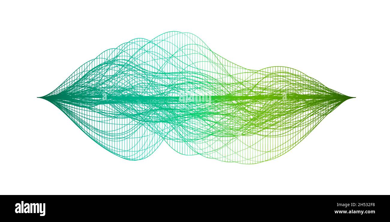 Structure d'ondes filaires turquoise et vert ou visualisation abstraite des ondes sonores audio isolées sur fond blanc Banque D'Images