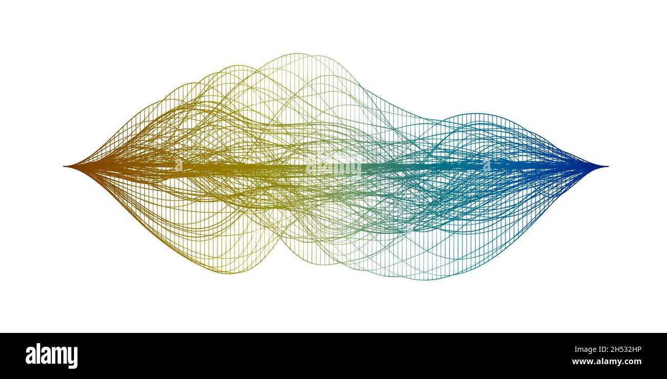 Structure des ondes filaires jaune et bleu ou visualisation abstraite des ondes sonores audio isolées sur fond blanc Banque D'Images