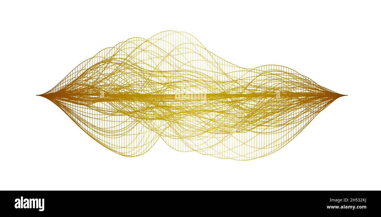 Structure d'onde filaire jaune dorée ou visualisation abstraite des ondes sonores audio isolées sur fond blanc Banque D'Images