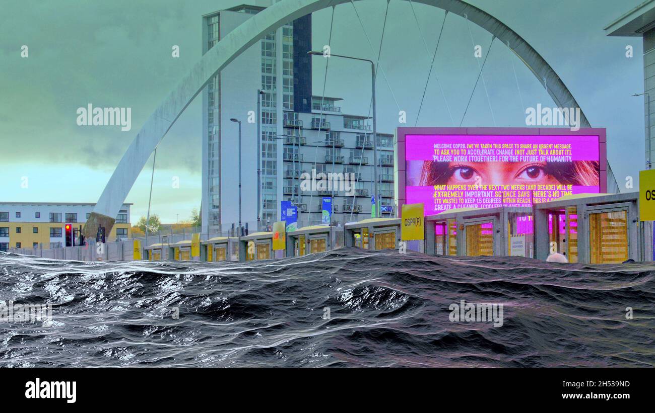 Glasgow, Écosse, Royaume-Uni 6 novembre 2021.Le concept de changement climatique cop26 illustre l'effet du changement climatique sur le site de la cdp 26, sur le côté de la rivière clyde, à côté du pont de l'arc.Crédit Gerard Ferry/Alay Live News Banque D'Images