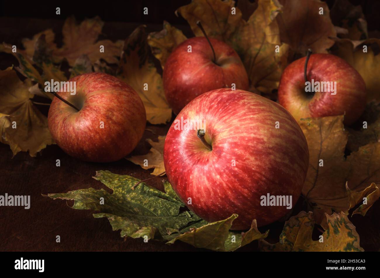 pommes en vrac sur fond de bois sombre dans un style rustique Banque D'Images