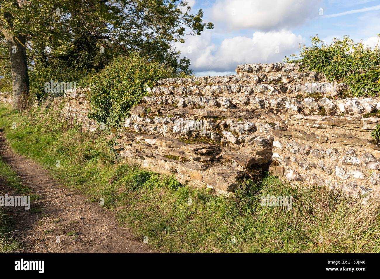 Une section du périmètre nord du mur de la ville romaine en ruines montrant son noyau de pierre et de silex à Silchester (Calleva Atrebatum).Hampshire, Royaume-Uni Banque D'Images