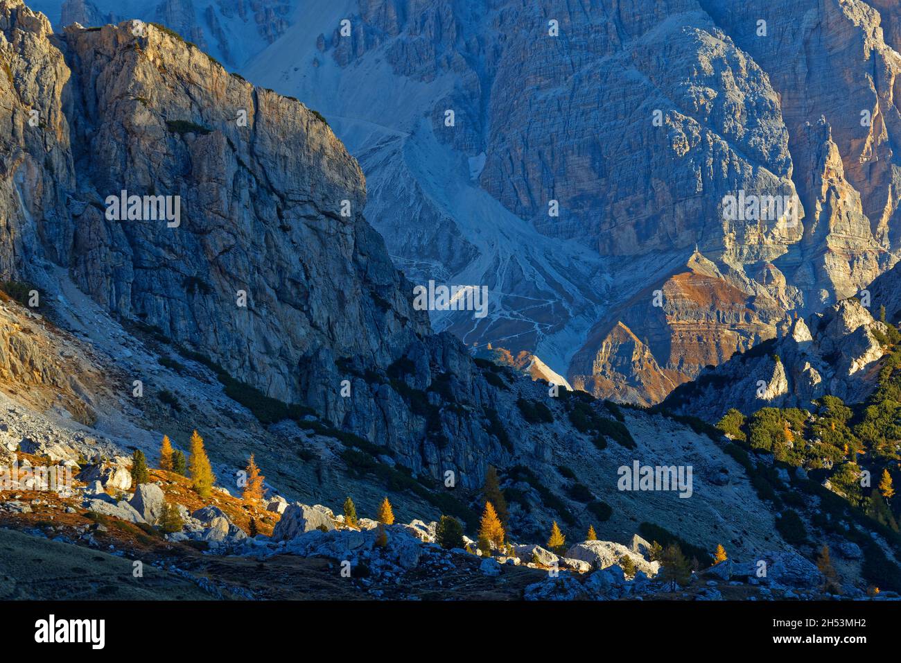 Le soleil s'élève sur les larches colorées sous les falaises des Dolomites Banque D'Images