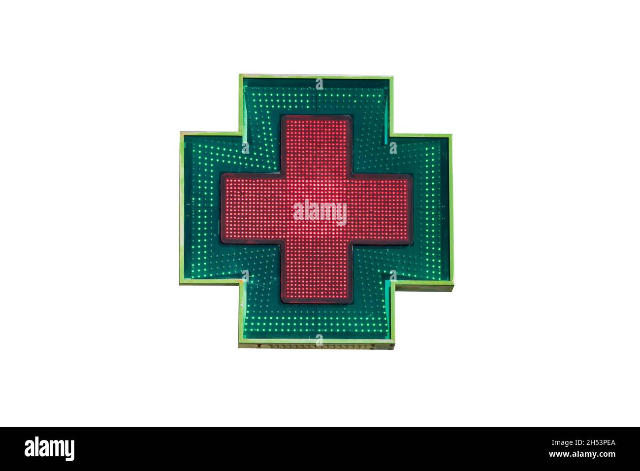 Croix électronique verte et rouge isolée sur fond blanc Banque D'Images
