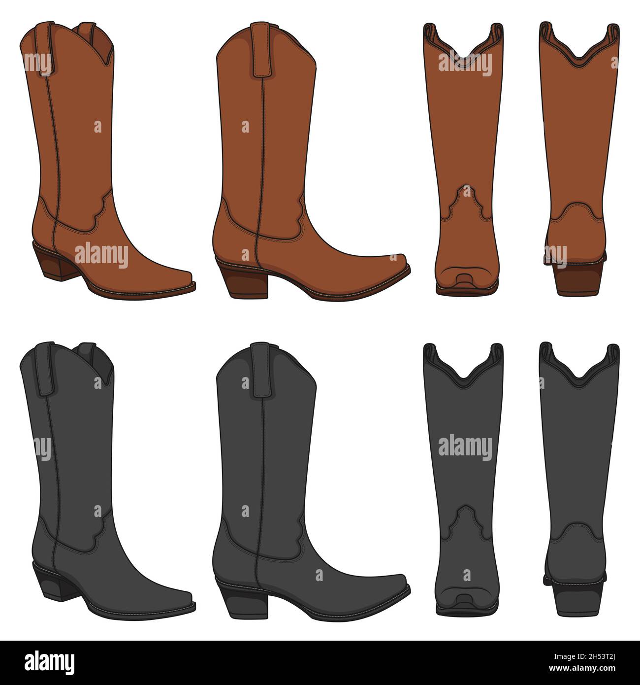 Jeu d'illustrations de couleurs avec bottes de cowboy.Objets vectoriels isolés sur fond blanc. Illustration de Vecteur