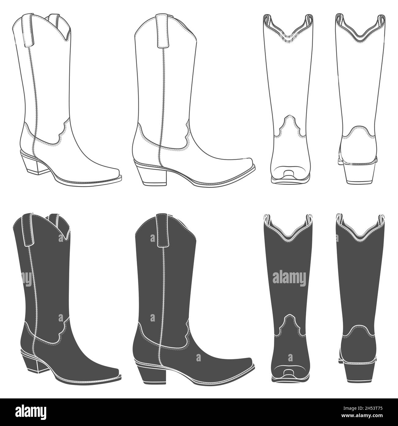 Jeu d'illustrations noir et blanc avec bottes de cowboy.Objets vectoriels isolés sur fond blanc. Illustration de Vecteur