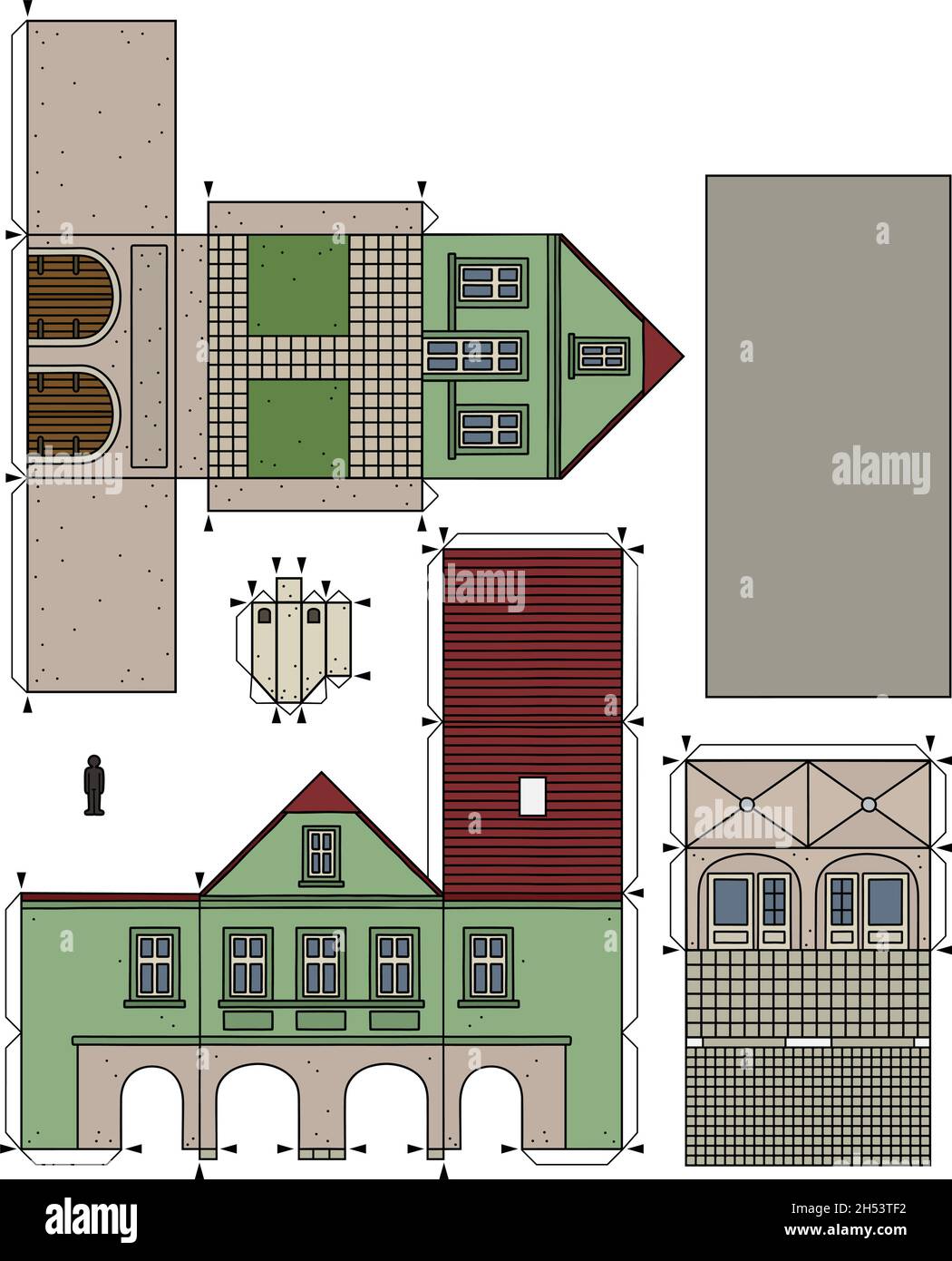 Le dessin à la main vectorisé d'un modèle en papier de la vieille ville verte Burger House Illustration de Vecteur