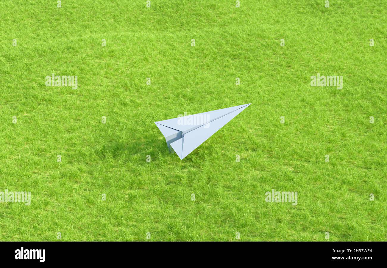 Avion de papier volant sur la prairie, rendu 3d.Dessin numérique informatique. Banque D'Images