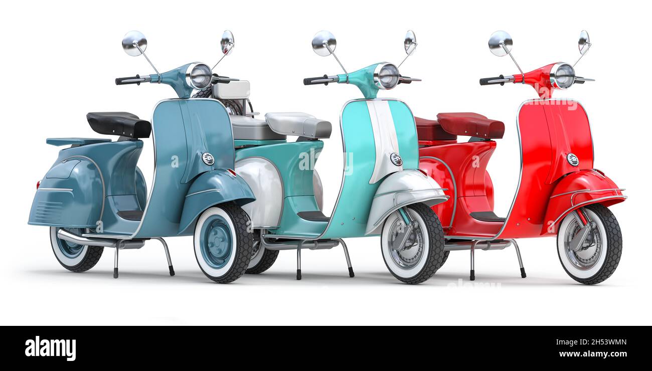 Rangée de scooters vintage différents isolés sur blanc.illustration 3d Banque D'Images
