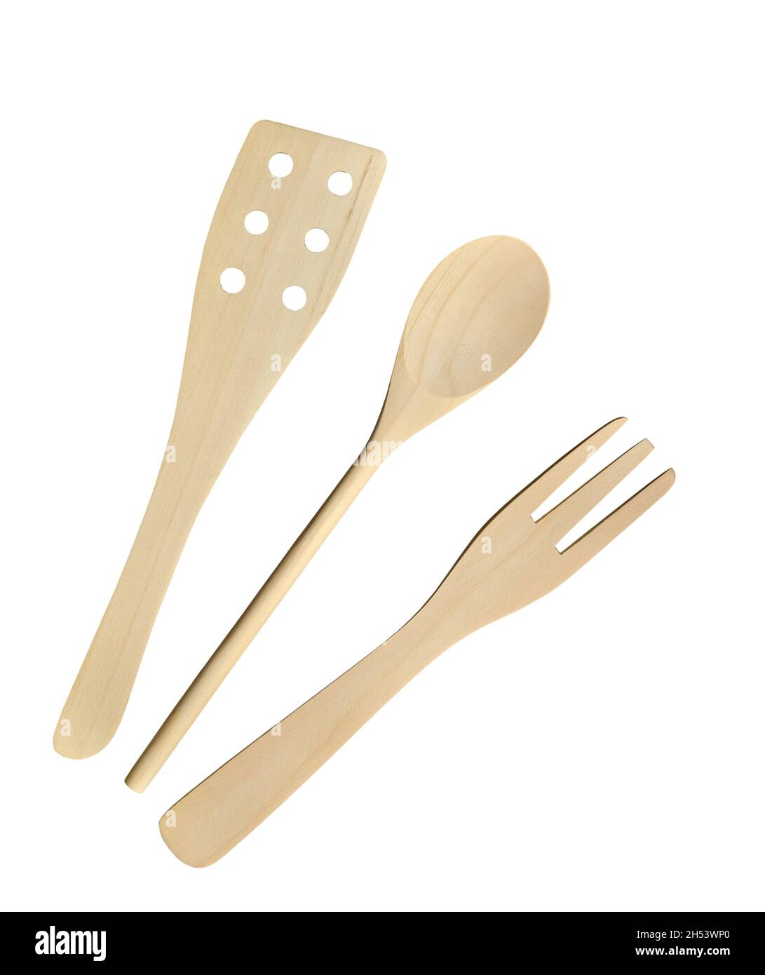 Cuillère de cuisine en bois, spatule et fourchette isolée sur fond blanc  Photo Stock - Alamy