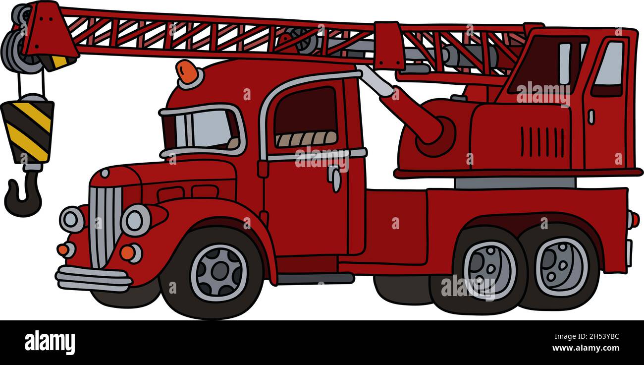 Le dessin à la main vectorisé d'une grue de camion rouge classique drôle Illustration de Vecteur