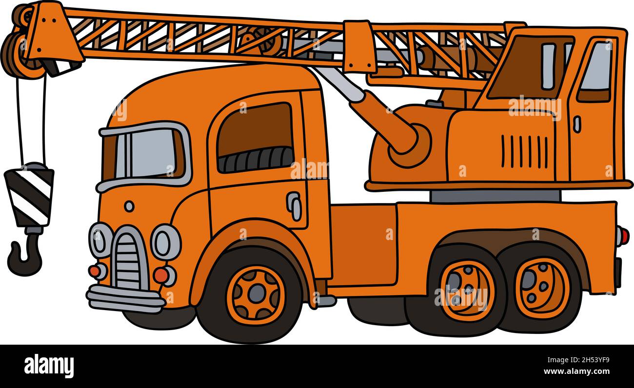 Le dessin à la main vectorisé d'une grue de camion rétro drôle orange Illustration de Vecteur