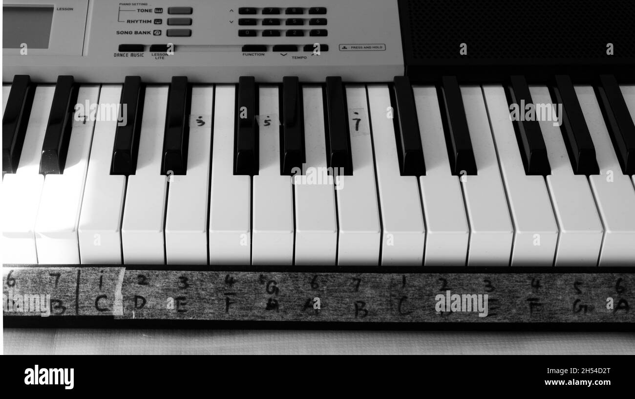 Notes sur le piano. Débutant au piano, lettres et chiffres sur le piano  Photo Stock - Alamy