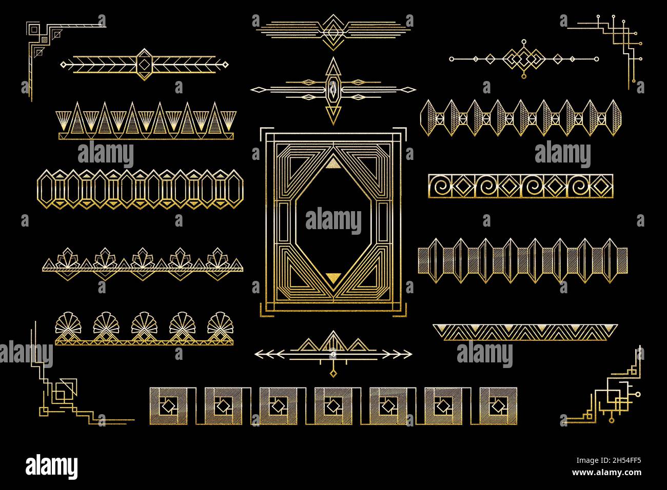 Ensemble d'éléments décoratifs Art déco doré.Collection de cadres, séparateurs et bordures. Illustration de Vecteur