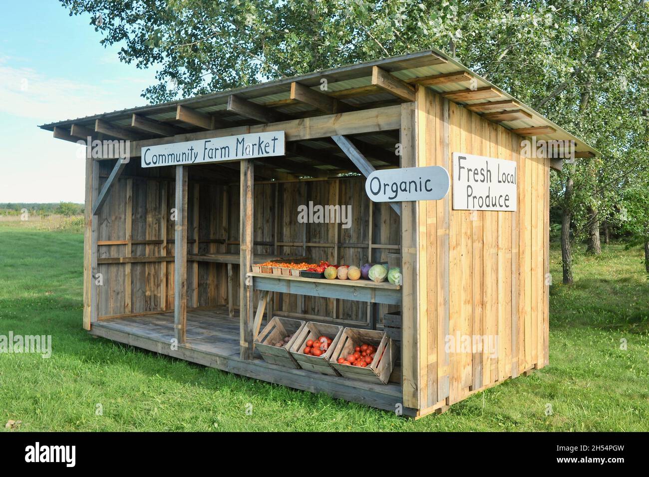 Stand de bord de route du marché agricole communautaire avec produits frais biologiques locaux, Ashland, Wisconsin, États-Unis Banque D'Images