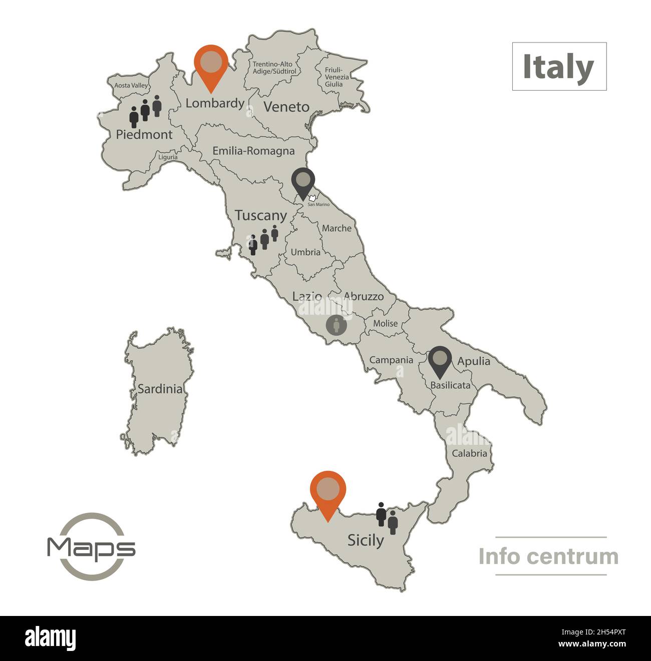 Carte de l'Italie, régions individuelles avec noms, Infographie et vecteur d'icônes Illustration de Vecteur