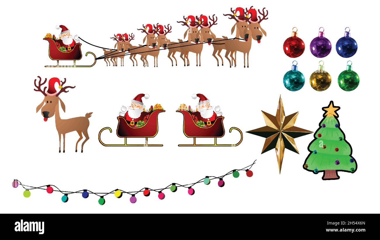 santa clause renne traîneau avec arbre et lumières ensemble Illustration de Vecteur