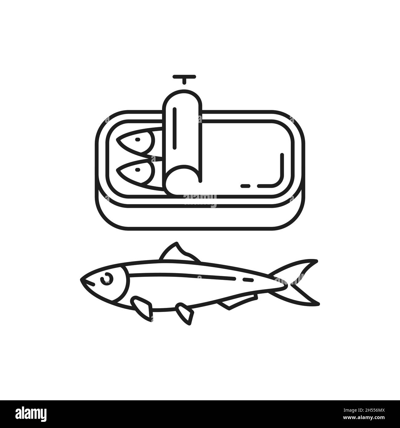 Icône de sardines en conserve dans une ligne mince isolée à l'huile.Vector portugais national alimentaire, emballage de produits de la mer. Illustration de Vecteur