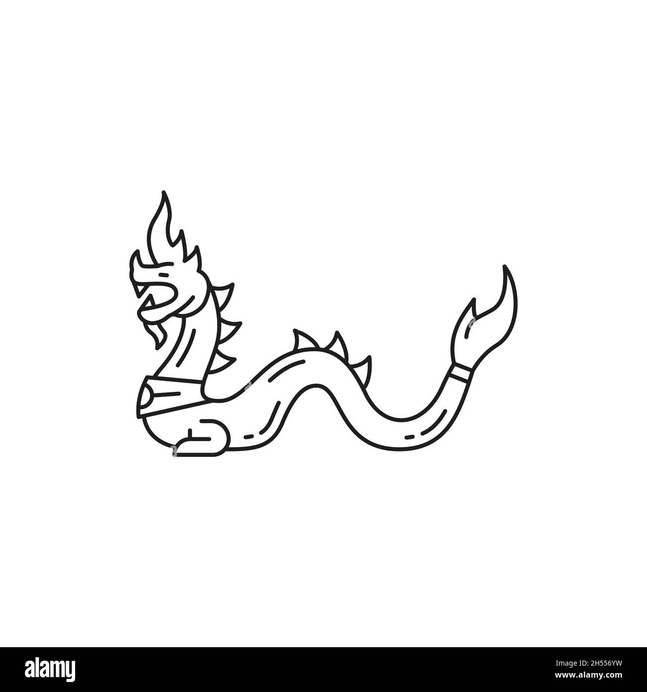 Icône de ligne mince isolée de dragon ou de serpent.Vecteur dragon dessin de tatouage japonais ou de religion mascotte, bête mythique.Créature serpent serpent, cul oriental Illustration de Vecteur