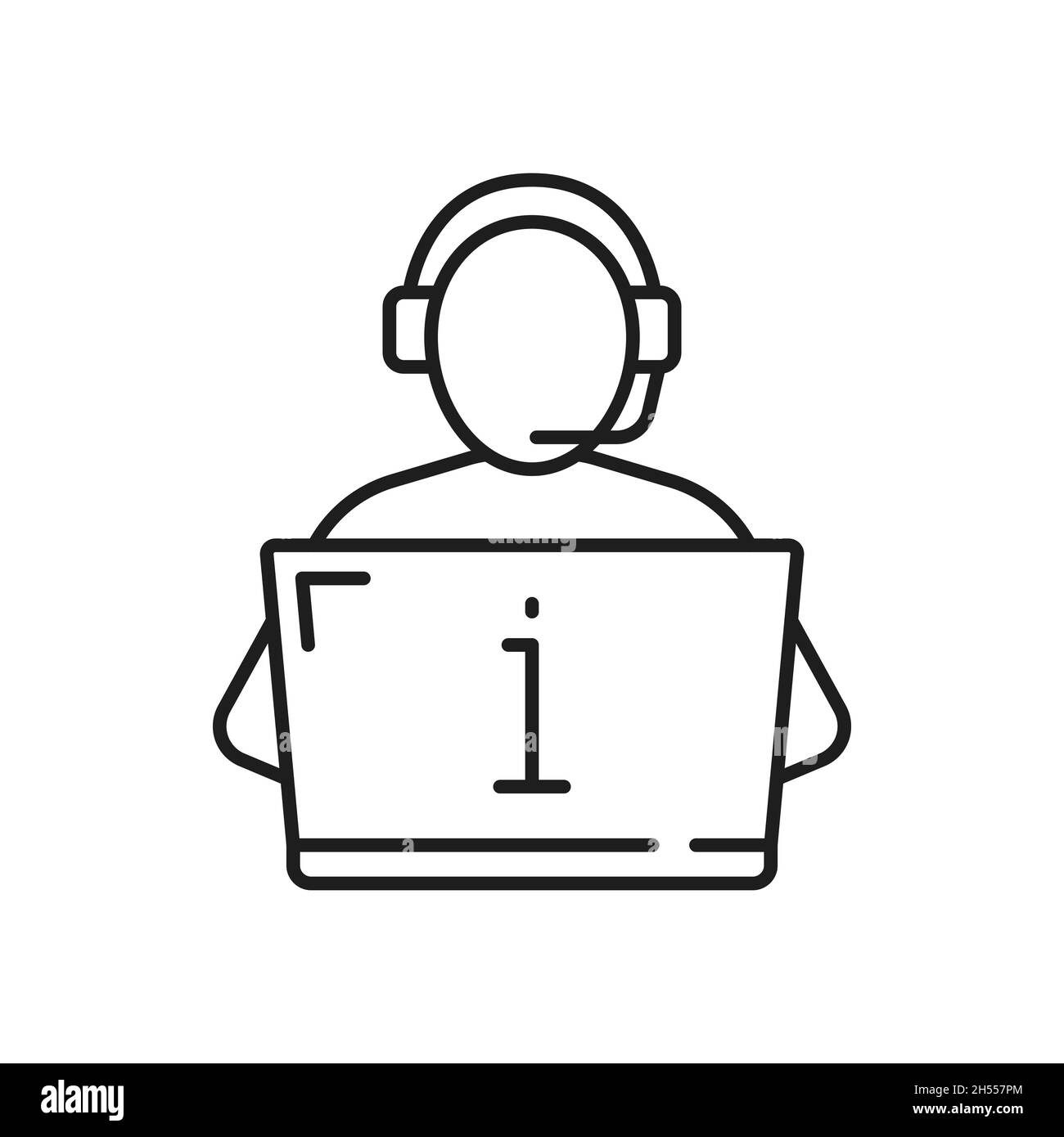 Soutenir l'opérateur du centre dans la saisie de casque sur l'icône de ligne mince isolée de l'ordinateur.Employé de la ligne d'assistance Vector fournissant des instructions d'information, centre d'appel Illustration de Vecteur
