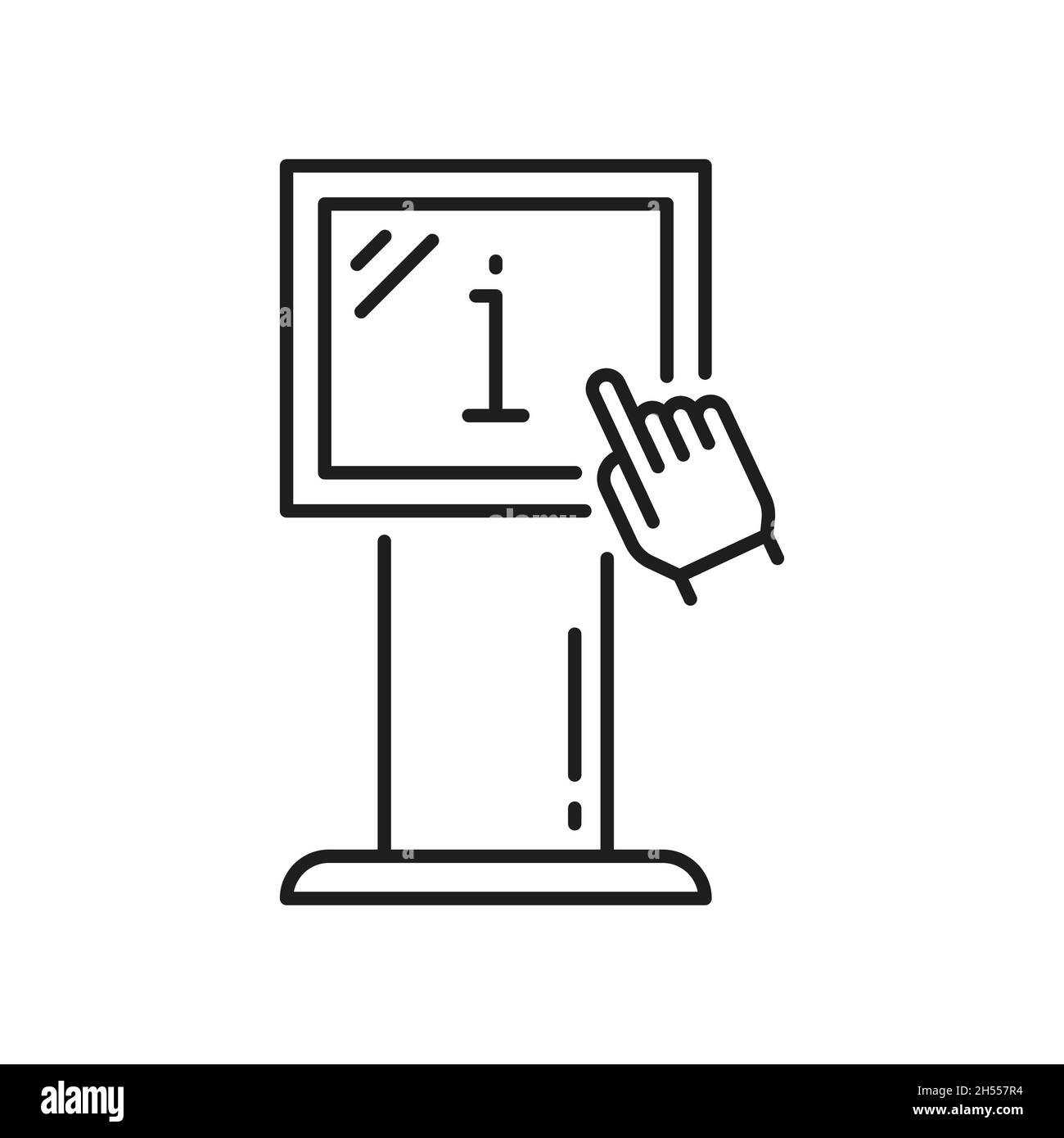 Terminal d'information interactif avec icône de ligne mince isolée en appuyant manuellement sur le bouton.Kiosque à écran tactile Vector, console avec lettre i sur digita Illustration de Vecteur