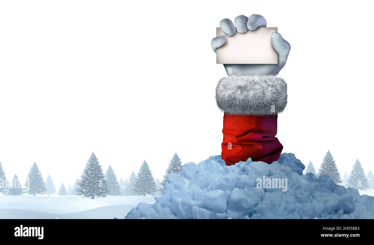 Santa Claus signe neige hiver comme une main de vacances tenant une carte vierge émergeant d'une avalanche dans une forêt de pins froide comme un Noël drôle. Banque D'Images